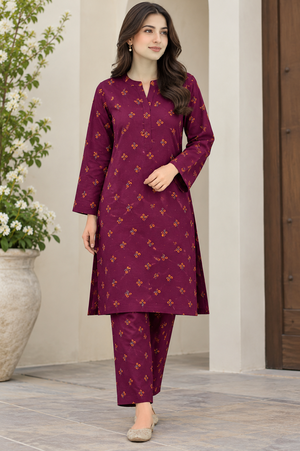 Women’s Maroon Floral Printed 2-Piece Unstitched Suit | Premium Fabric
