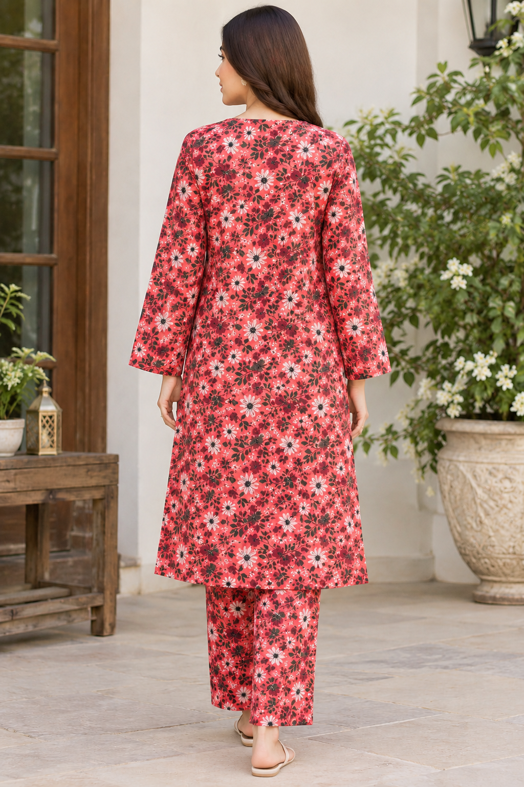 Women’s 2-Piece Coral Pink Floral Printed Suit | All-Over Print