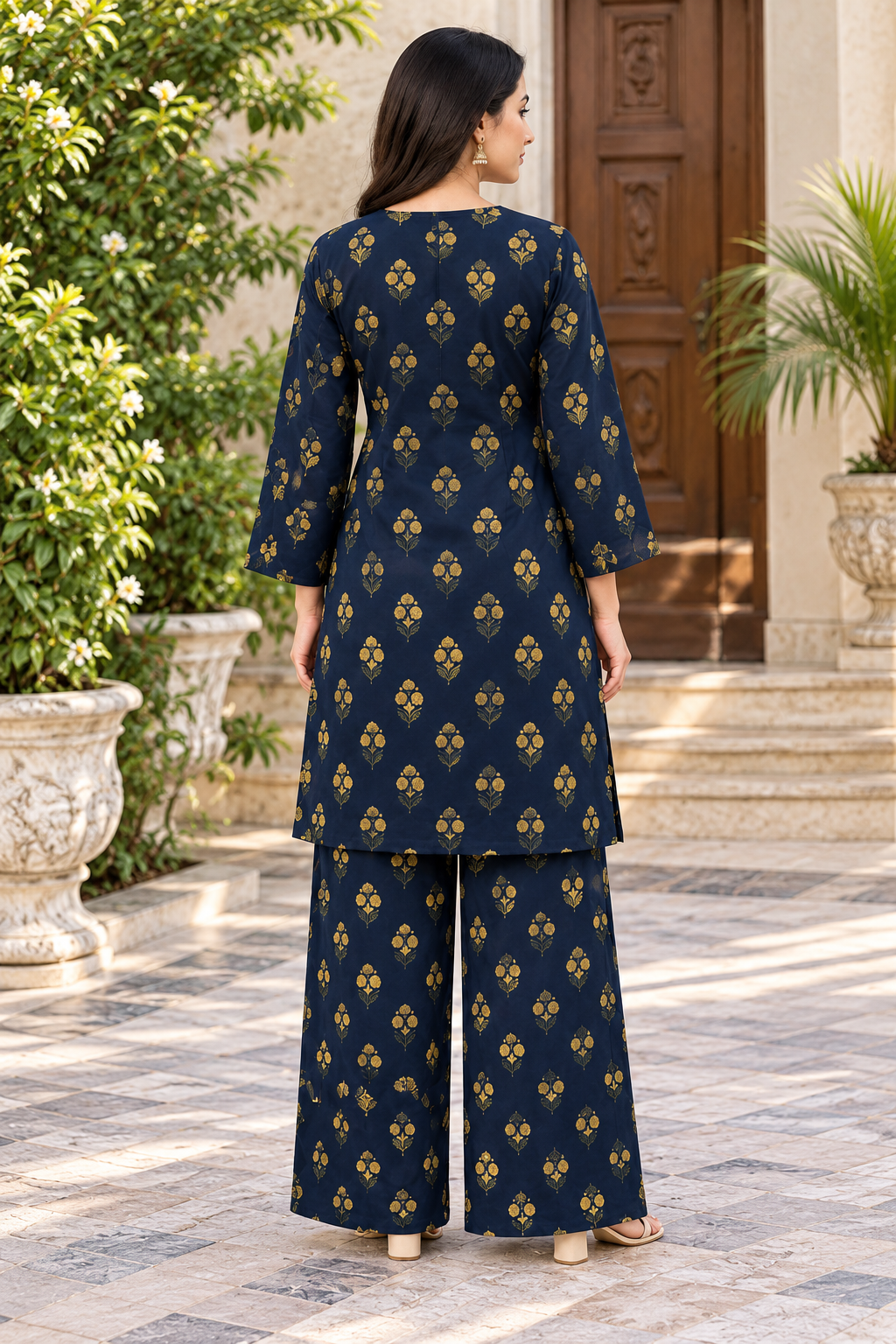 Navy Blue 2-Piece Printed Suit for Women with Golden Floral Design