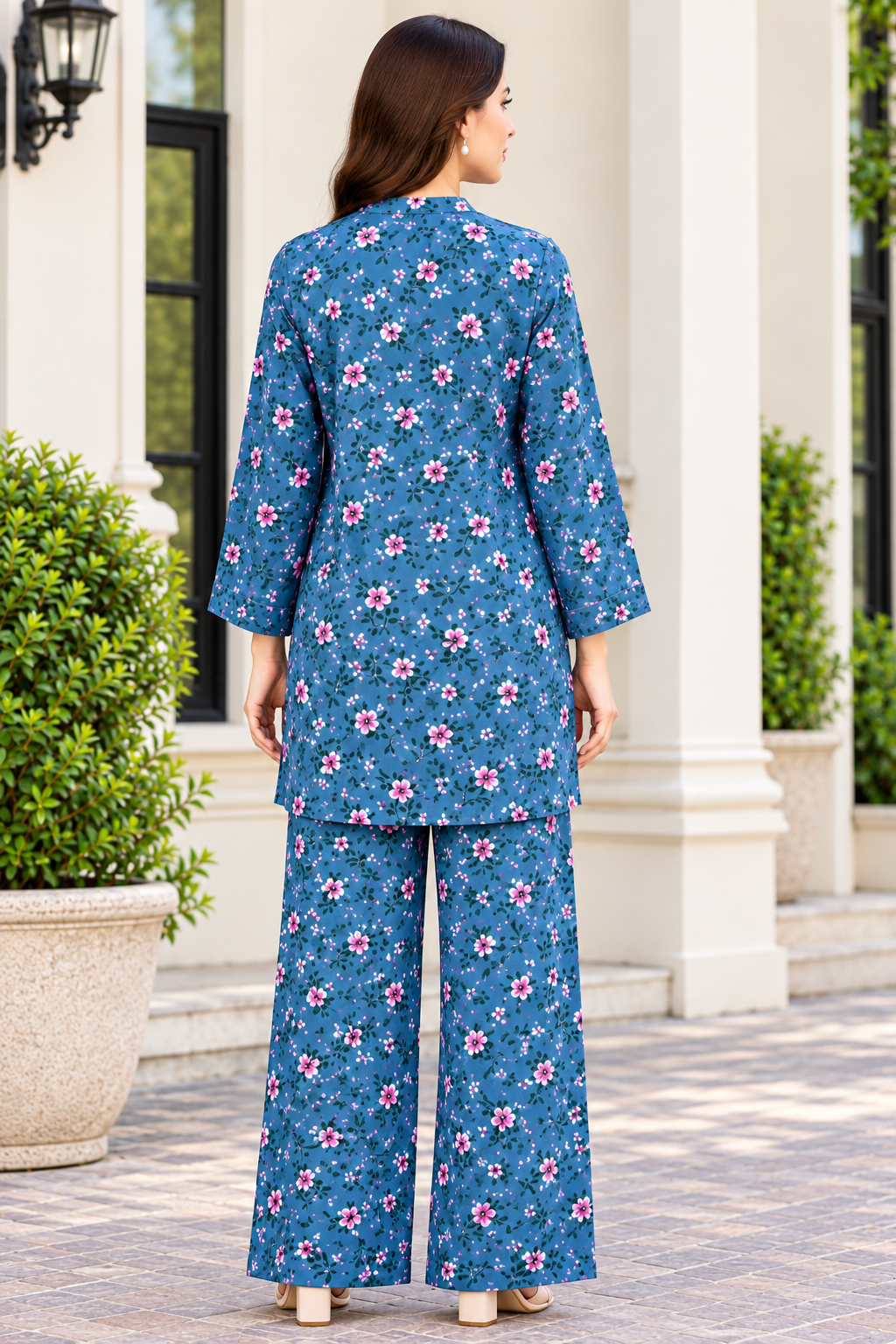 Teal Blue Floral Printed Women’s 2-Piece Suit – Kurta & Trouser