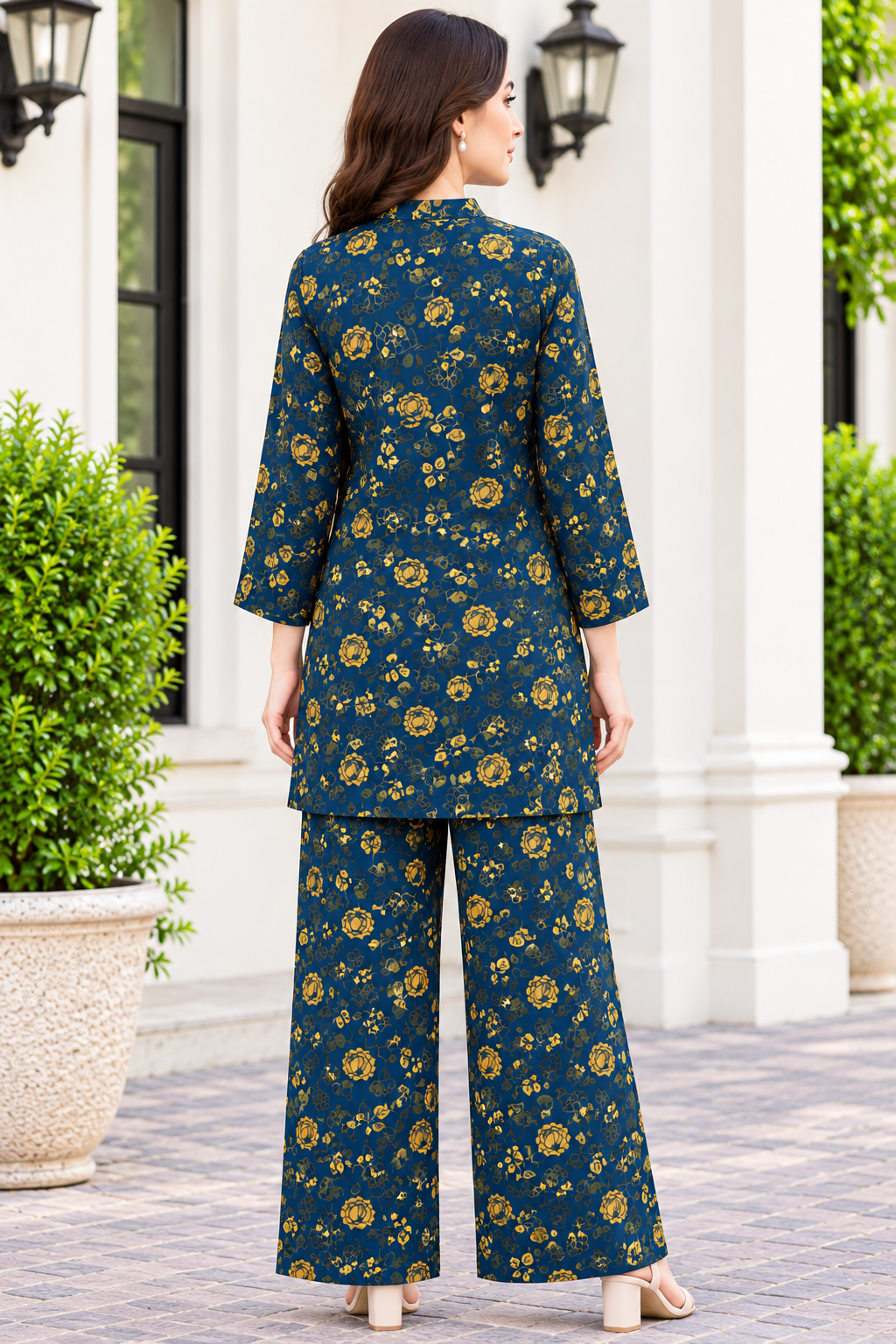 Navy Blue & Golden Floral Printed Women’s 2-Piece Suit | Kurta & Trouser