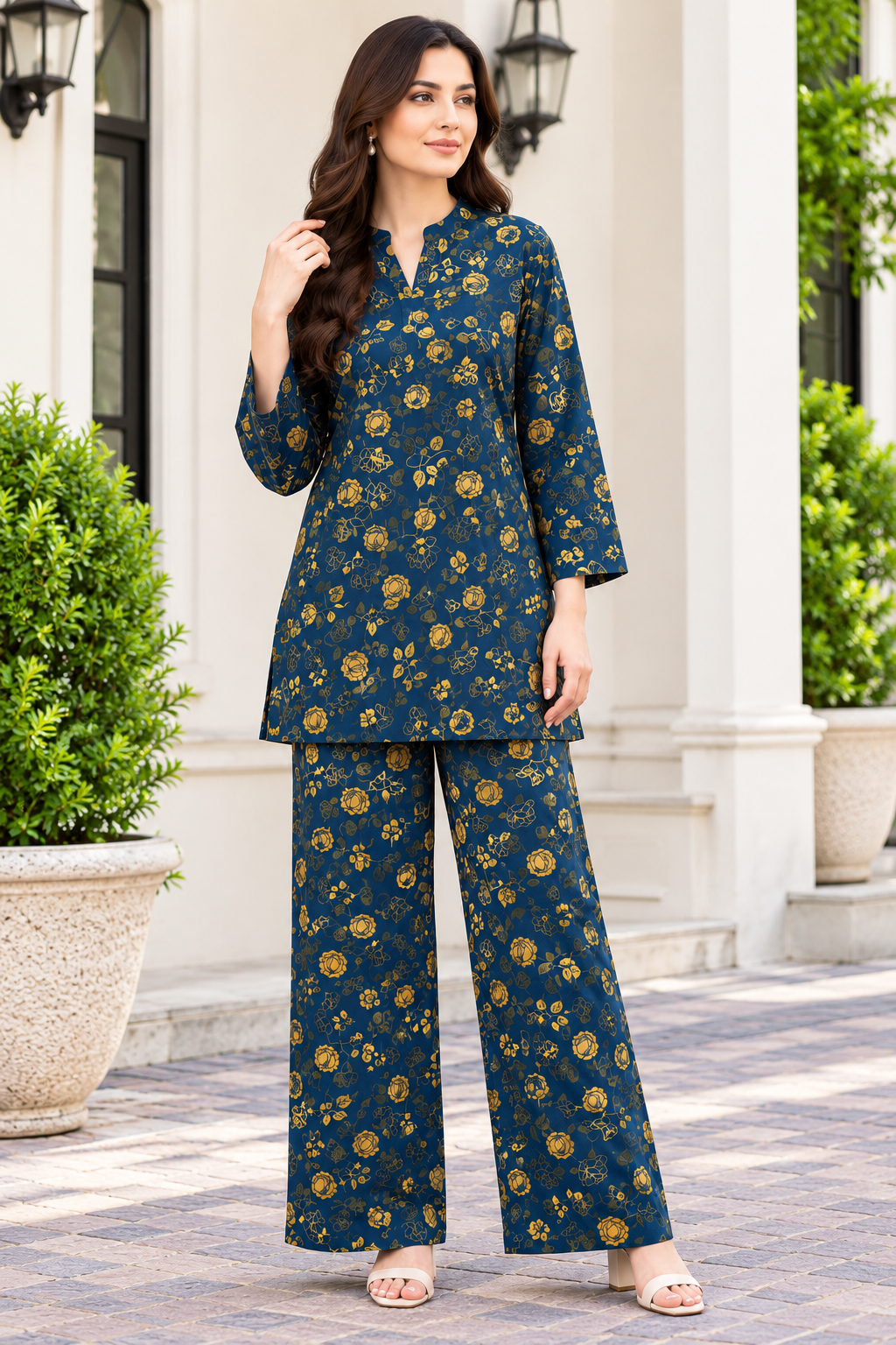 Navy Blue & Golden Floral Printed Women’s 2-Piece Suit | Kurta & Trouser