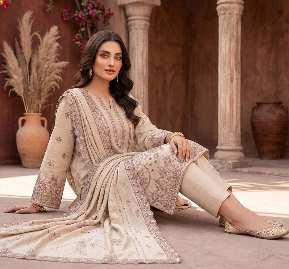 Zaina Ameer Premium Peach Slub - Design 03 (Beige)