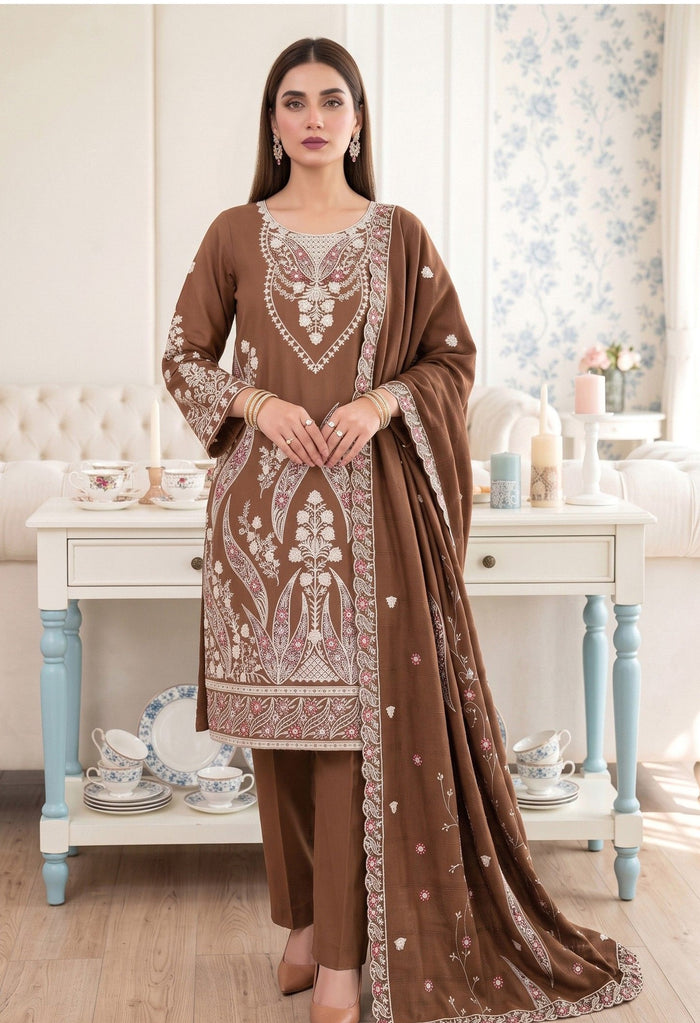 Premium Dhanak Karandi 3-Piece Embroidered Suit with Velvet Wool Shawl – Brown (Design 02)
