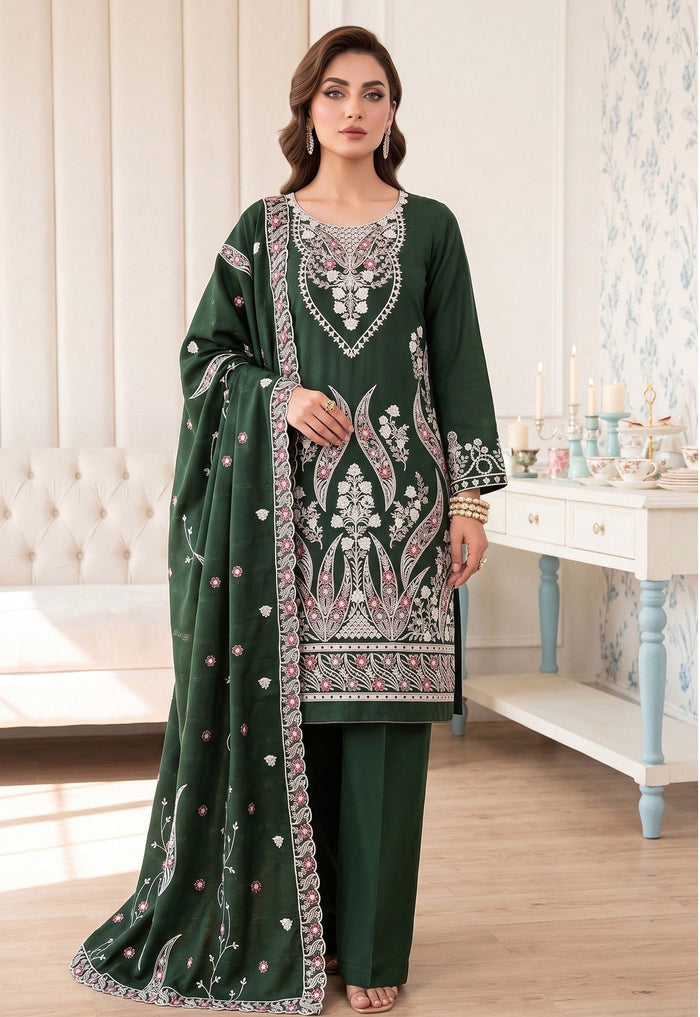 Premium Dhanak Karandi 3-Piece Embroidered Suit with Velvet Wool Shawl – Green (Design 01)