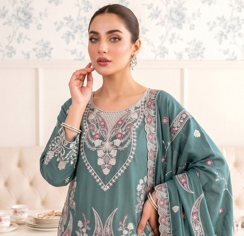 Premium Dhanak Karandi 3-Piece Embroidered Suit with Velvet Wool Shawl – Teal (Design 04)