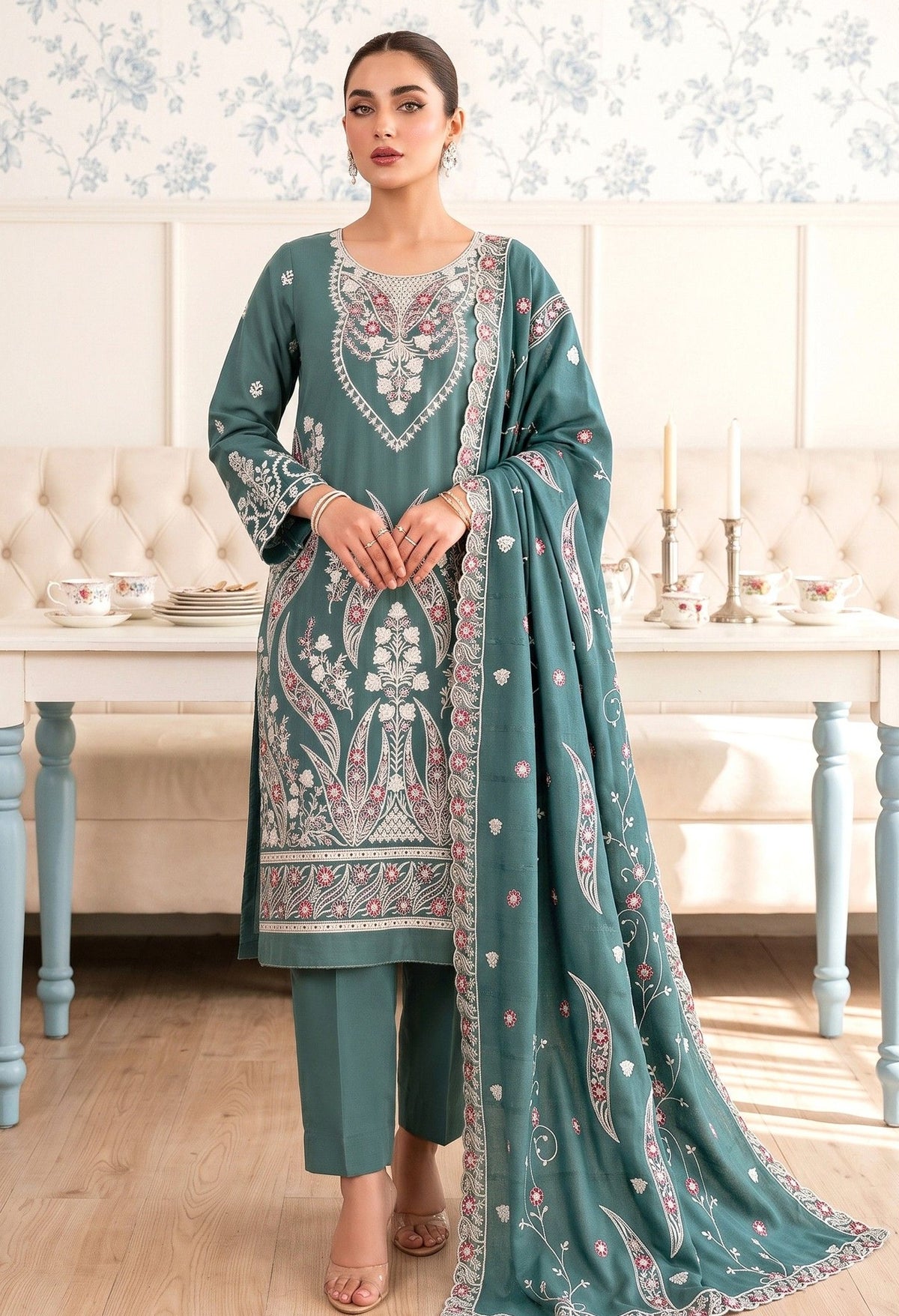 Premium Dhanak Karandi 3-Piece Embroidered Suit with Velvet Wool Shawl – Teal (Design 04)