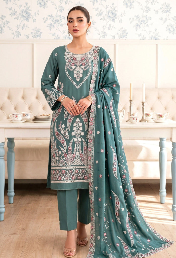 Premium Dhanak Karandi 3-Piece Embroidered Suit with Velvet Wool Shawl – Teal (Design 04)