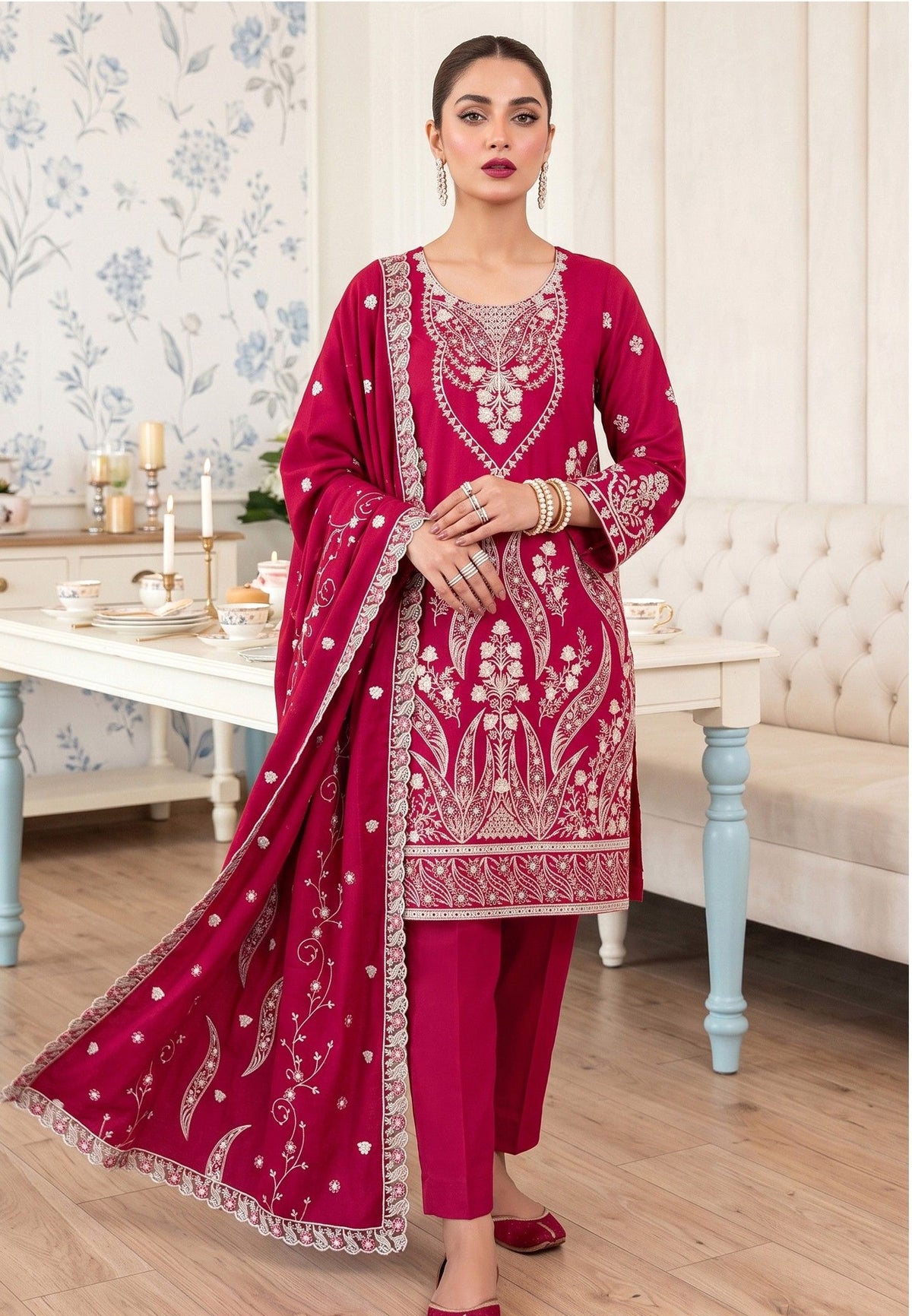 Premium Dhanak Karandi 3-Piece Embroidered Suit with Velvet Wool Shawl – Pink (Design 05)