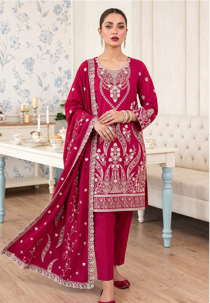 Premium Dhanak Karandi 3-Piece Embroidered Suit with Velvet Wool Shawl – Pink (Design 05)