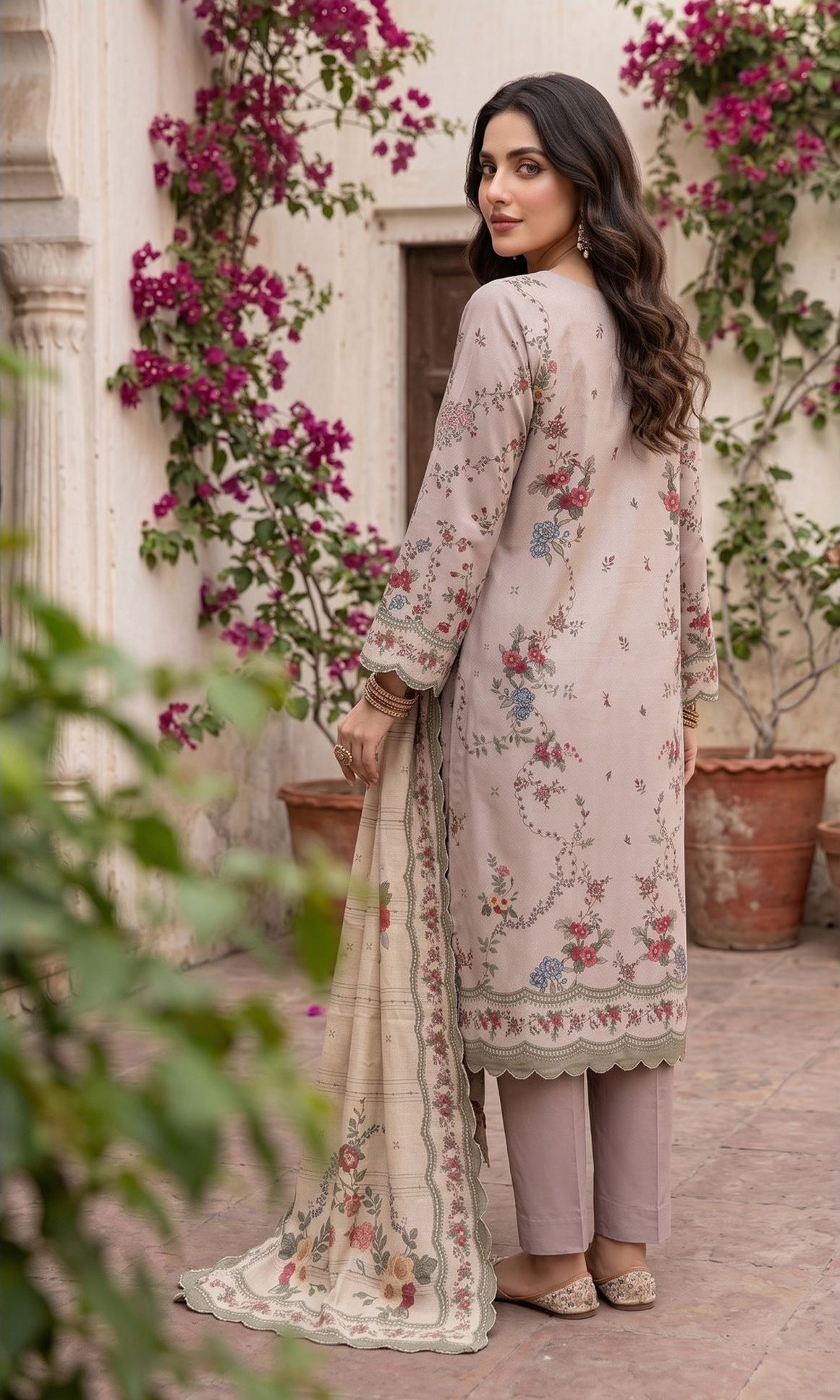 Taupe Dhanak Karandi 3-piece embroidered suit back view – Ruhaan Fabric DN 01