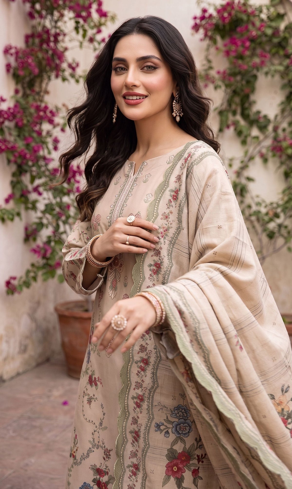 Taupe Dhanak Karandi suit with embroidered neckline close-up – Ruhaan Fabric DN 01