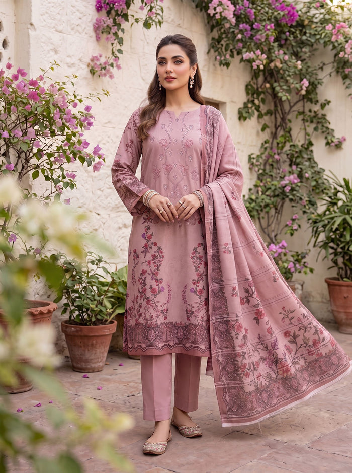 Dusty Rose Dhanak Karandi 3-piece neckline embroidered suit with printed dupatta – Ruhaan Fabric DN 02