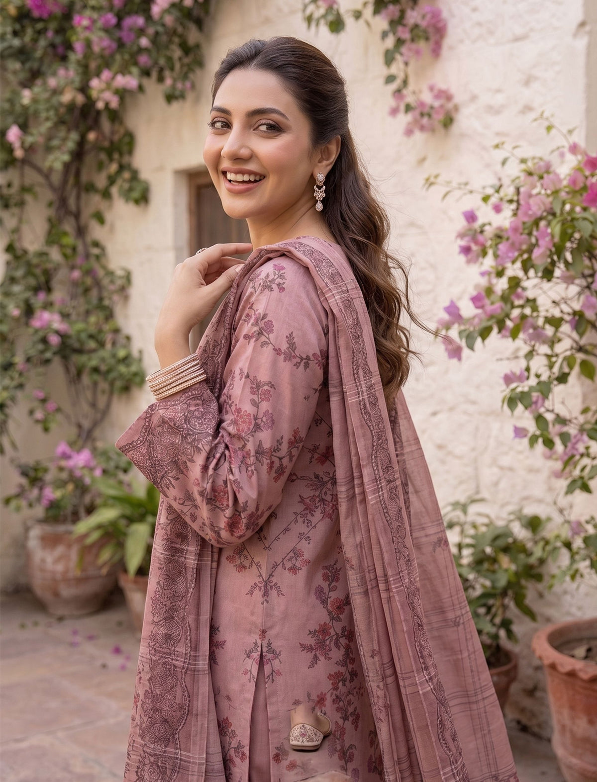 Dusty Rose Dhanak Karandi suit with embroidered neckline close-up – Ruhaan Fabric DN 02