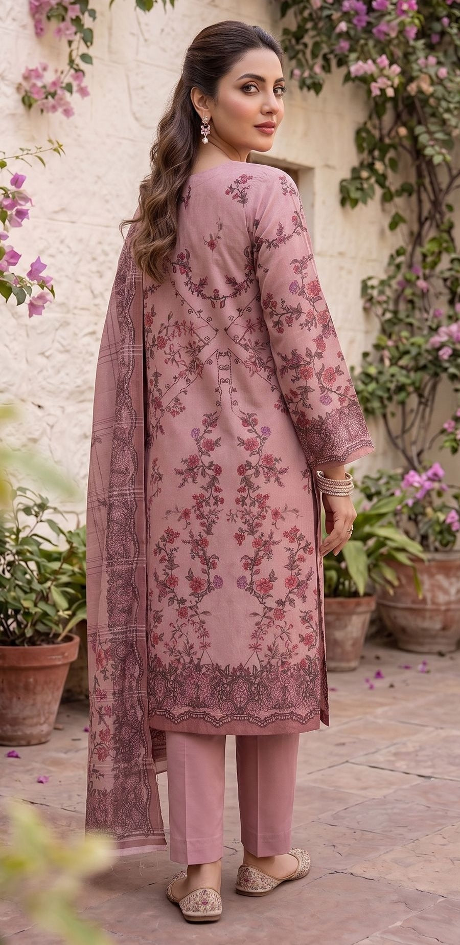 Dusty Rose Dhanak Karandi 3-piece embroidered suit back view – Ruhaan Fabric DN 02