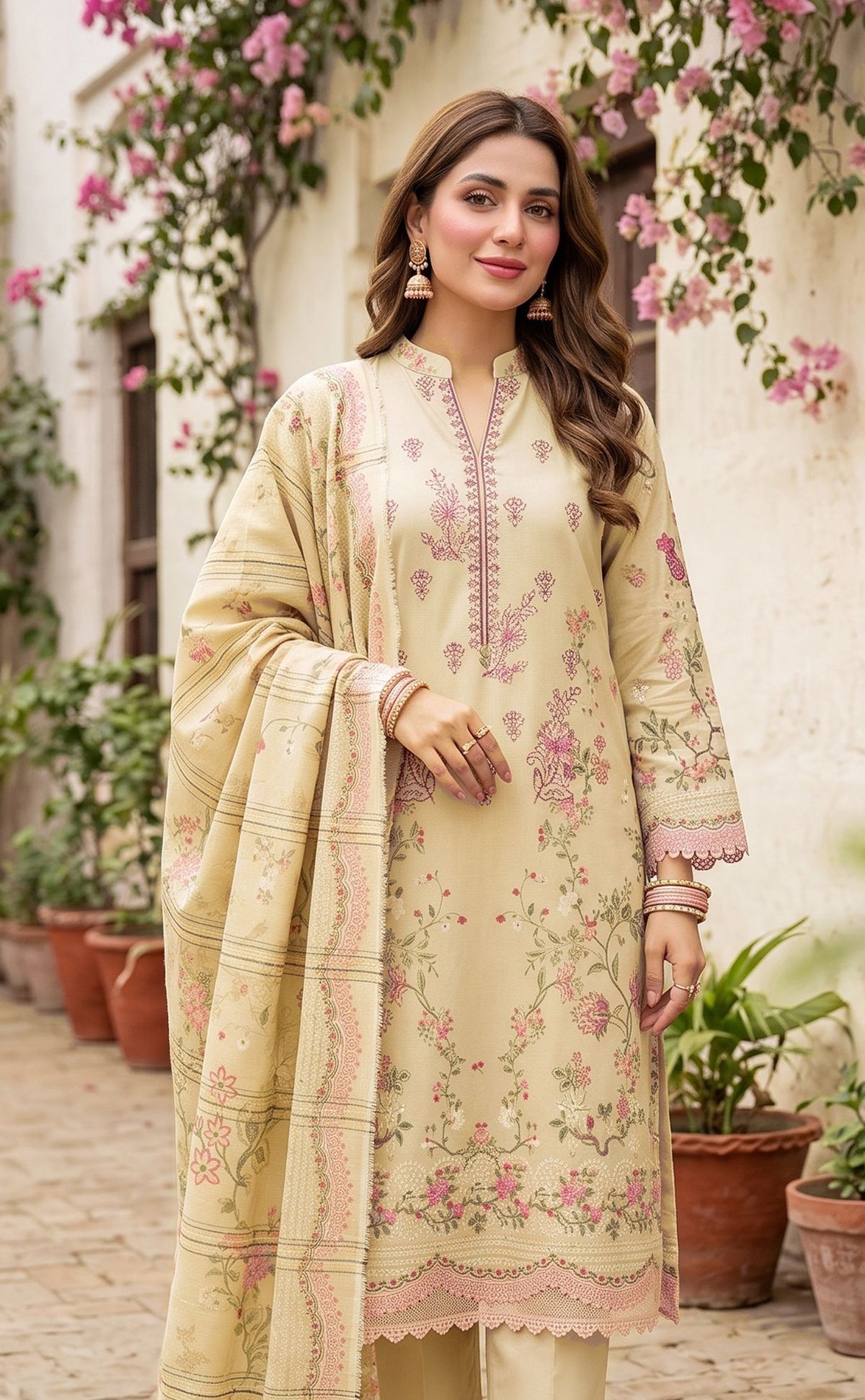 Yellow Dhanak Karandi 3-piece suit with embroidered neckline and dupatta – Ruhaan Fabric DN 03