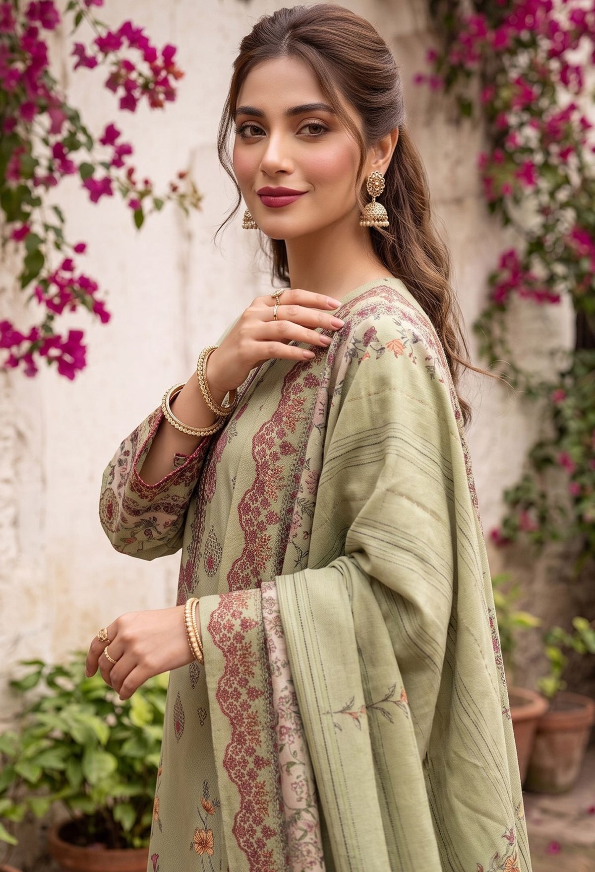 Sage Green Dhanak Karandi 3-piece embroidered suit back view – Ruhaan Fabric DN 06