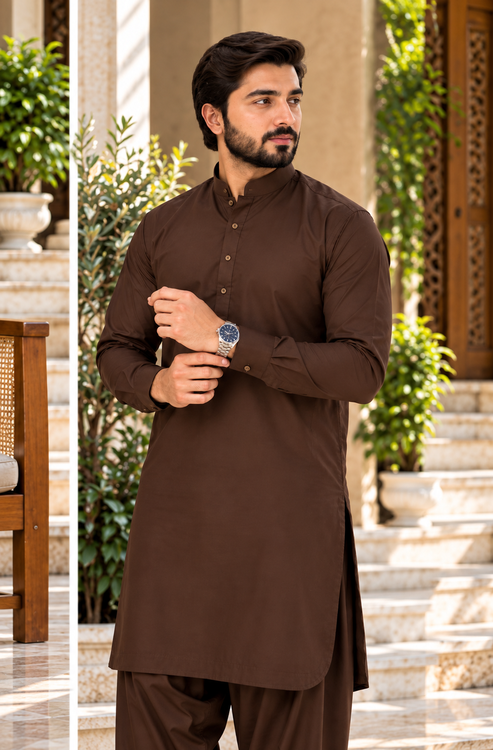 Chocolate brown soft cotton men's shalwar kameez by Ruhaan Fabric - view 2