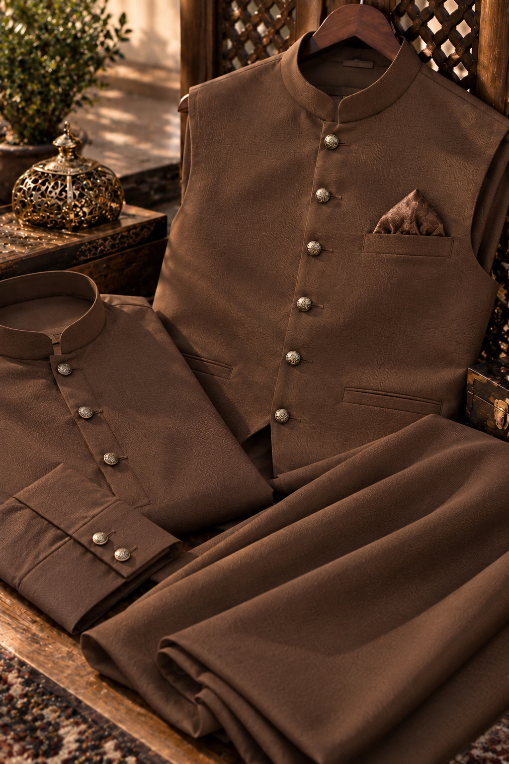 Premium Brown Men's Unstitched Suit & Waistcoat Fabric | Ruhaan