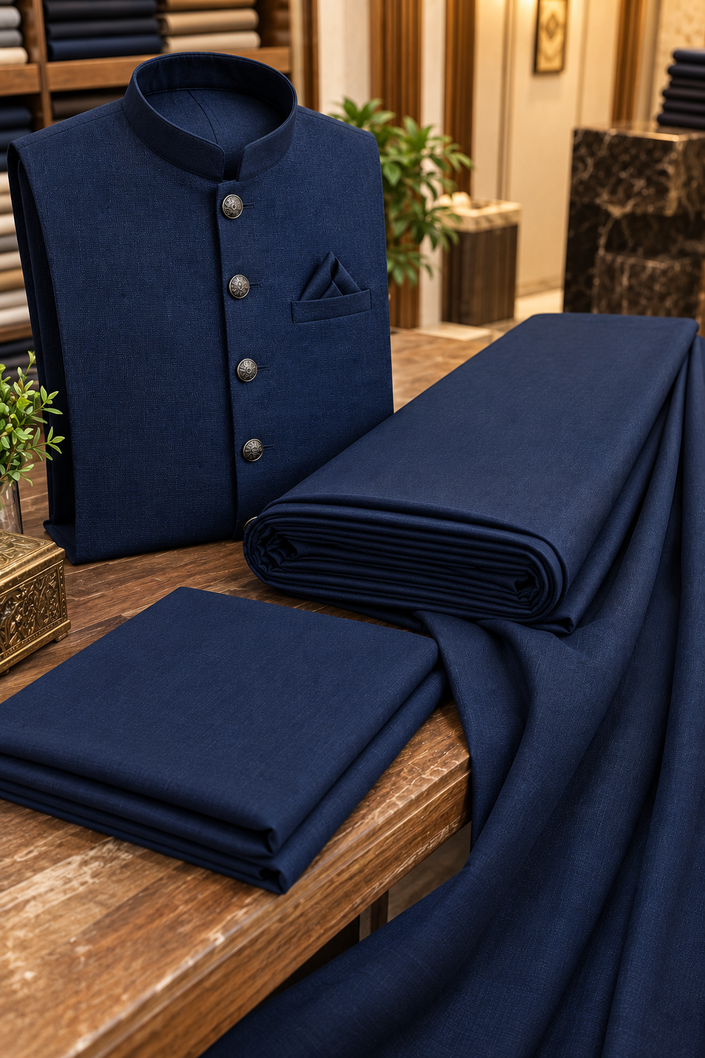 Premium Navy Blue Men's Unstitched Suit & Waistcoat Fabric | Ruhaan