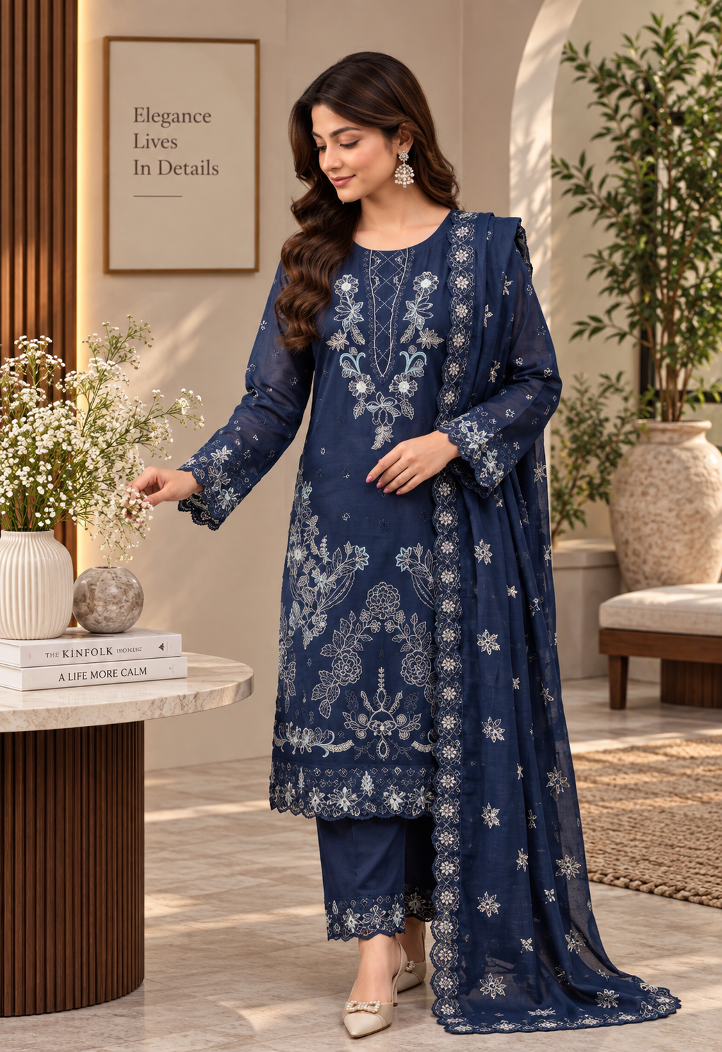 Premium Viscose Embroidered 3-Piece Suit with Bamber Dupatta & Shawl – D-1808