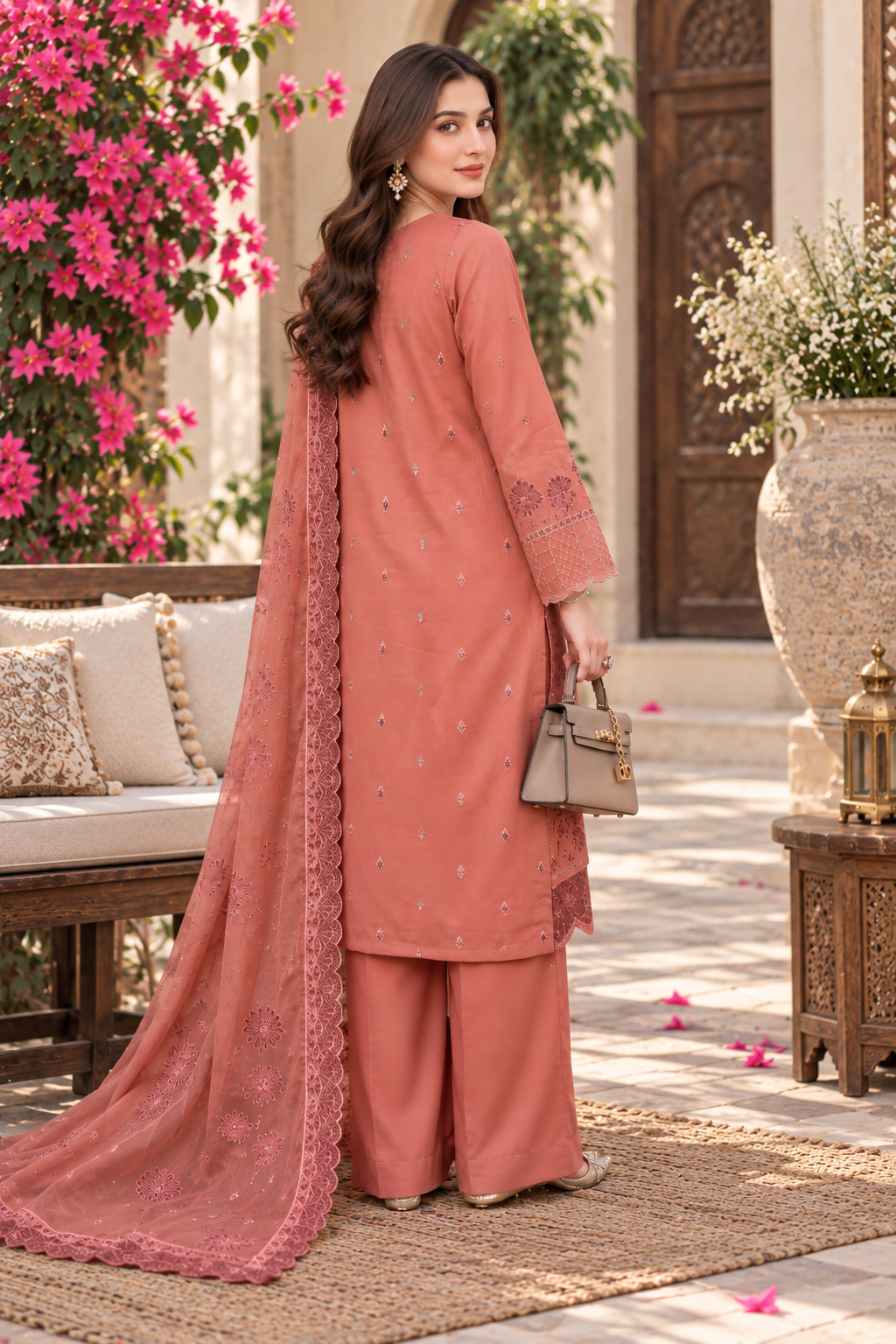 Coral Rose Embroidered 3-Piece Suit Viscose | Bamber Dupatta & Palazzo D-1804