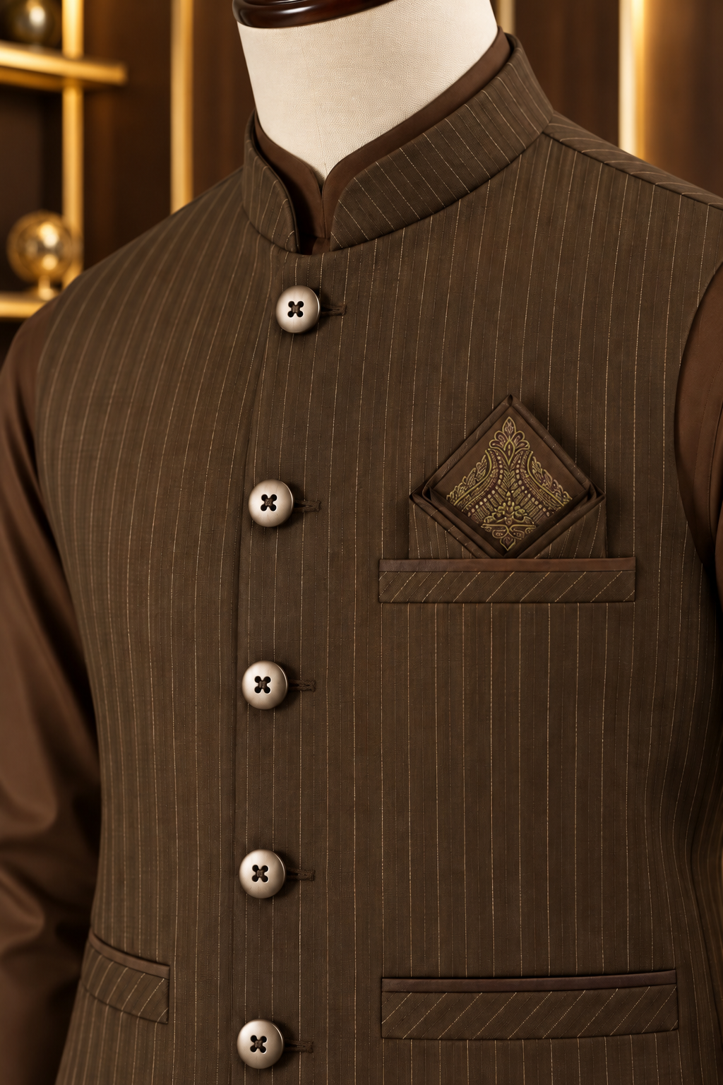Virsa by Ruhaan Fabric chocolate brown men's suit with waistcoat - view 2