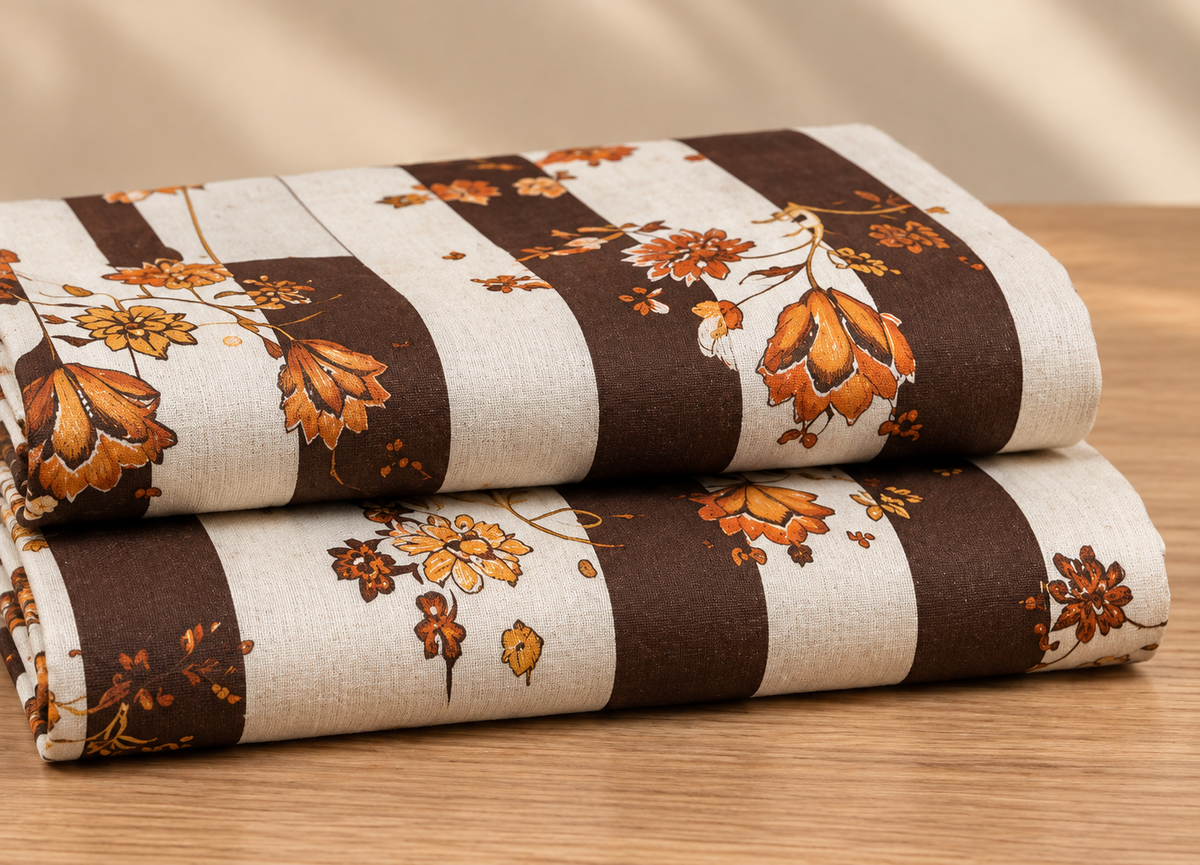 Brown Floral Striped 2-Piece Linen unstitched Suit |5Meter | D-1104