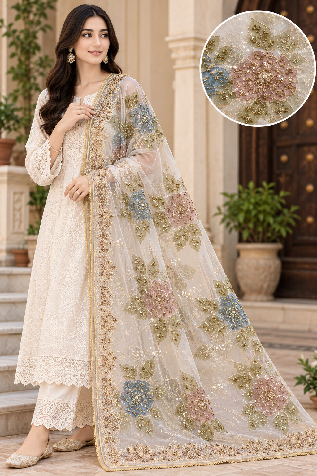 Premium Embroidered Organza Dupatta - Ivory