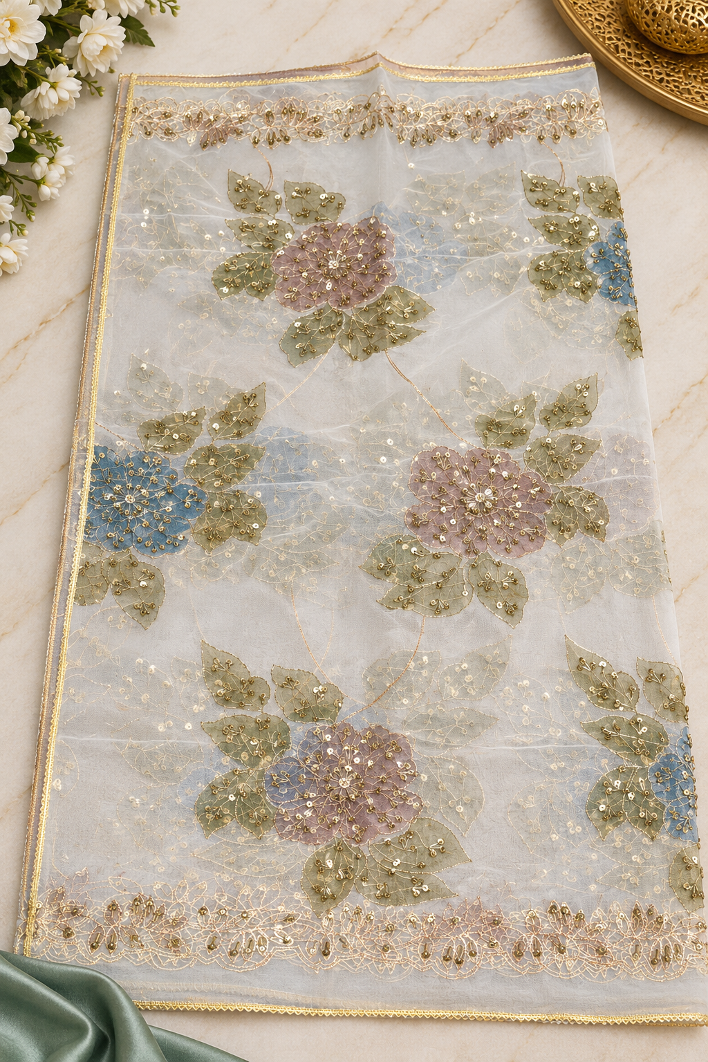 Premium Embroidered Organza Dupatta - Ivory