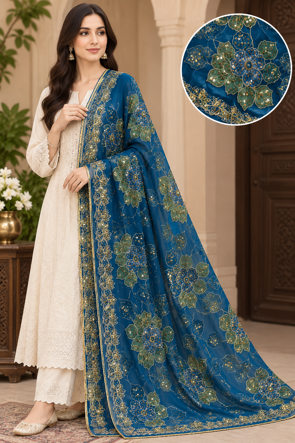 Premium Embroidered Organza Dupatta - Teal Blue