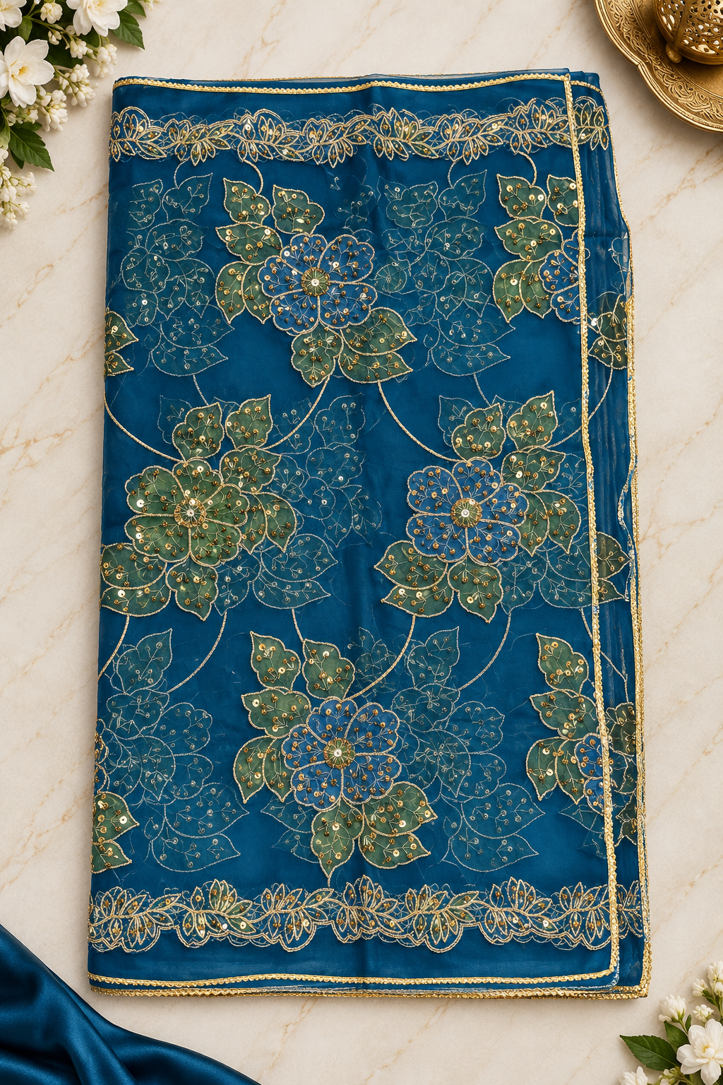 Premium Embroidered Organza Dupatta - Teal Blue