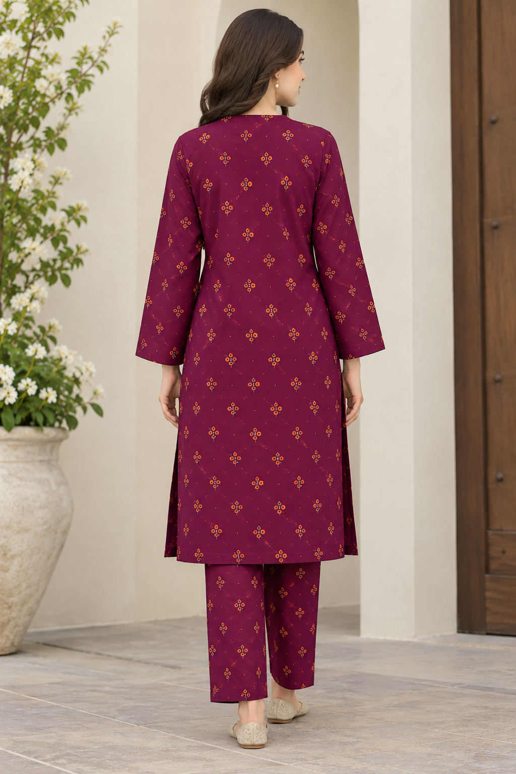 Women’s Maroon Floral Printed 2-Piece Unstitched Suit | Premium Fabric