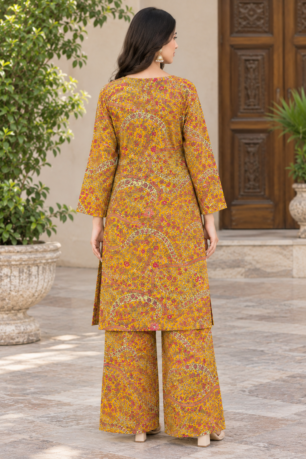 Mustard Yellow 2-Piece Printed Lawn Suit for Women | Paisley Floral Design
