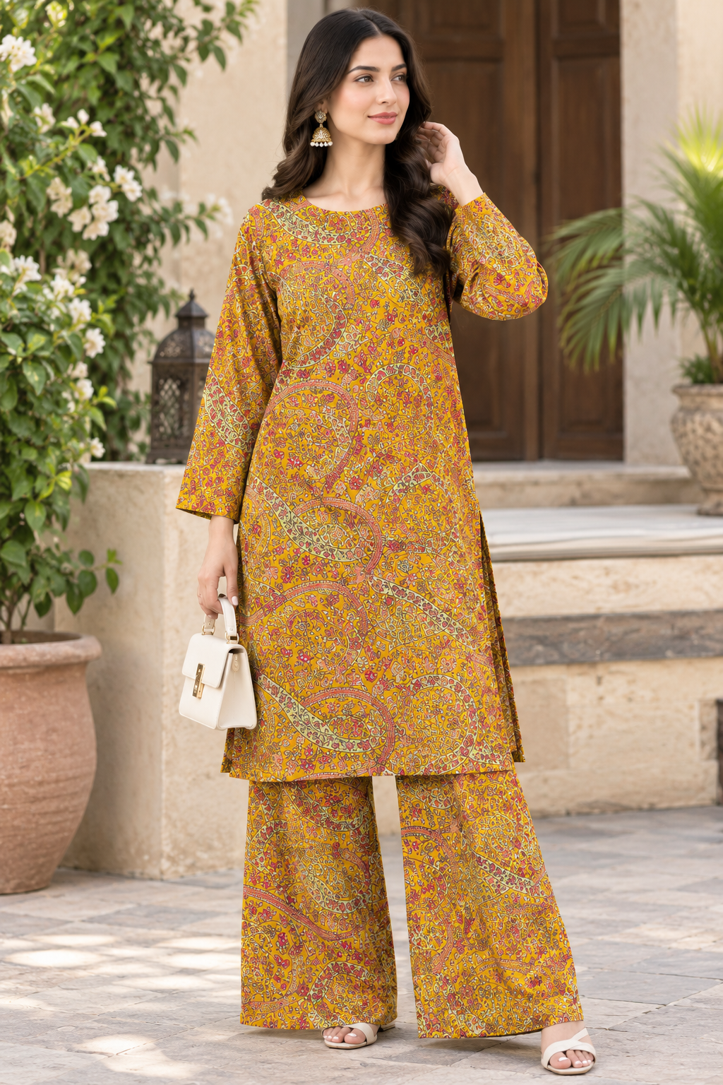 Mustard Yellow 2-Piece Printed Lawn Suit for Women | Paisley Floral Design
