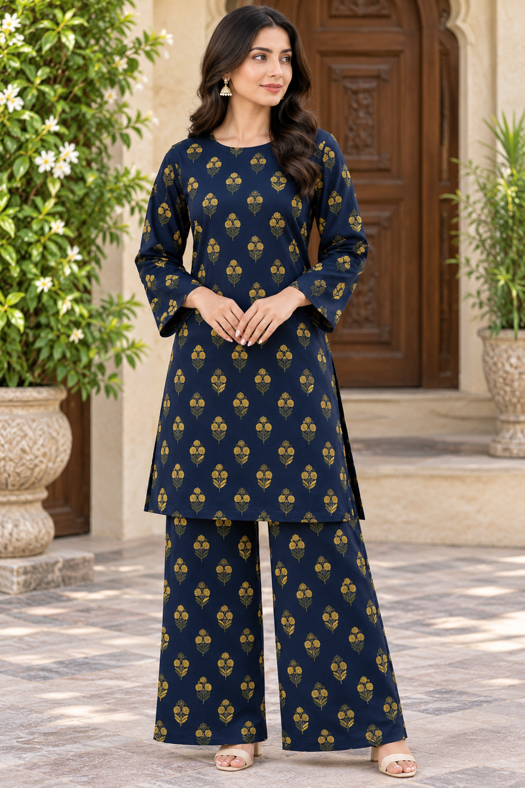 Navy Blue 2-Piece Printed Suit for Women with Golden Floral Design