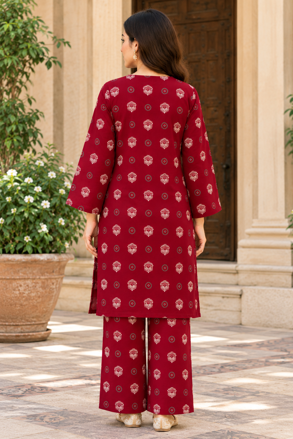 Maroon Printed 2-Piece Women's Suit with Matching Trouser | RUHAAN