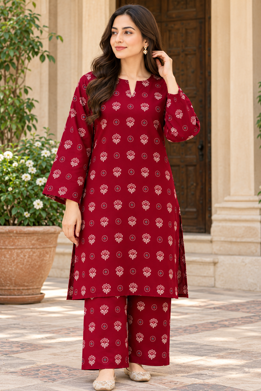 Maroon Printed 2-Piece Women's Suit with Matching Trouser | RUHAAN
