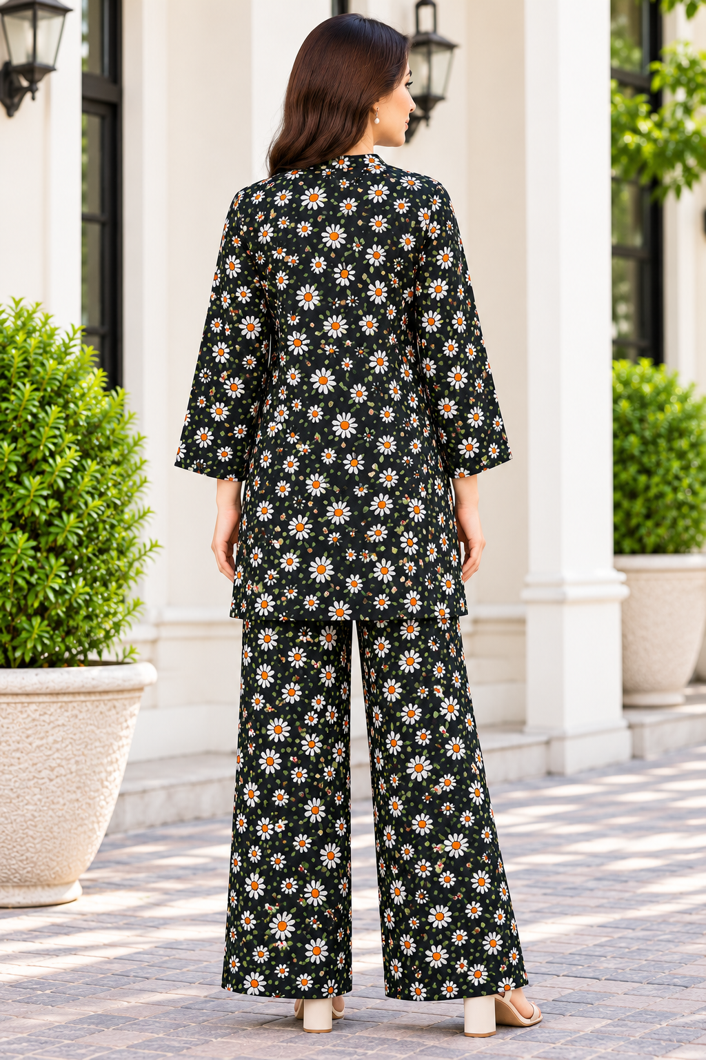 Black Daisy Floral Printed Women’s 2-Piece Suit | Kurta & Trouser