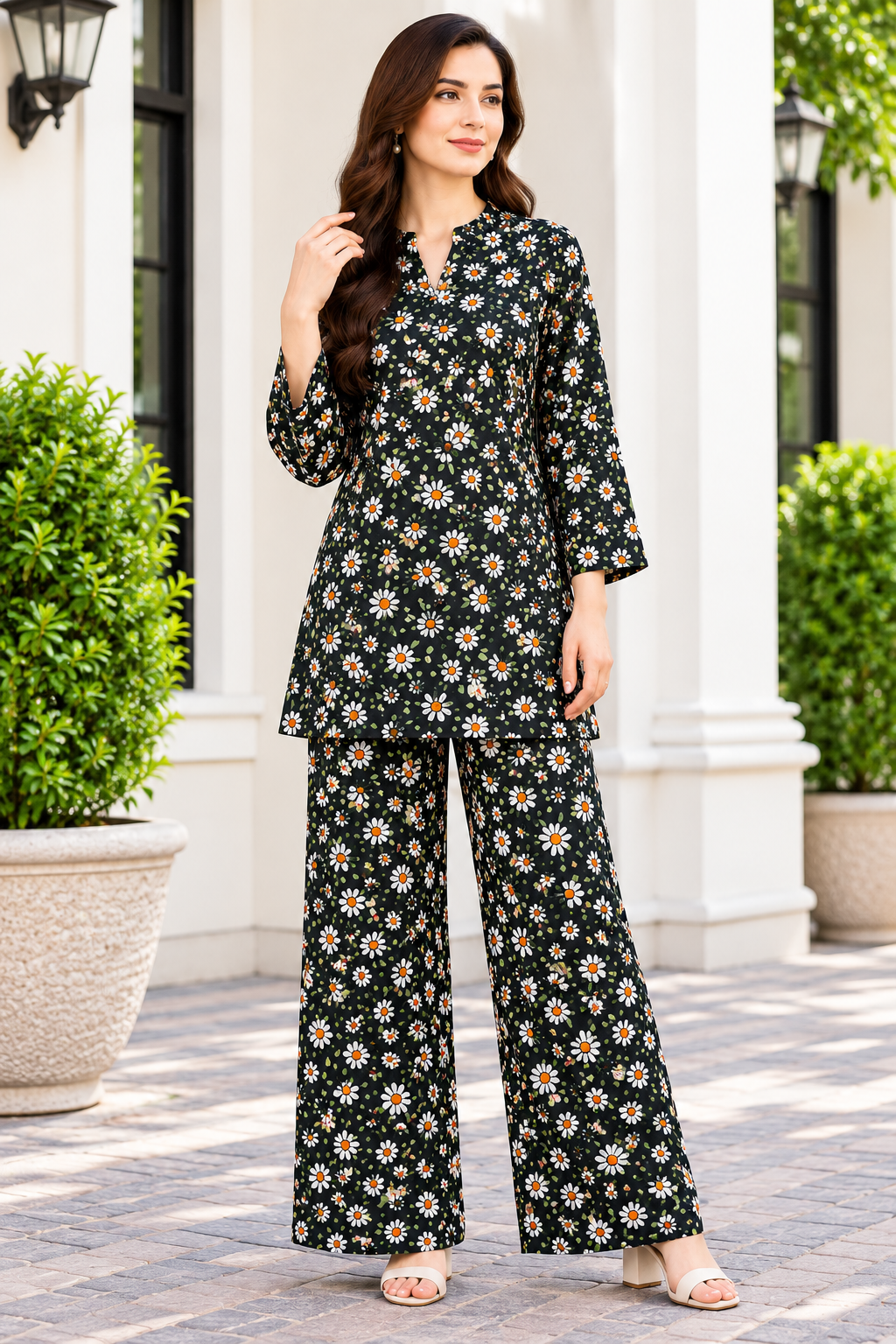 Black Daisy Floral Printed Women’s 2-Piece Suit | Kurta & Trouser