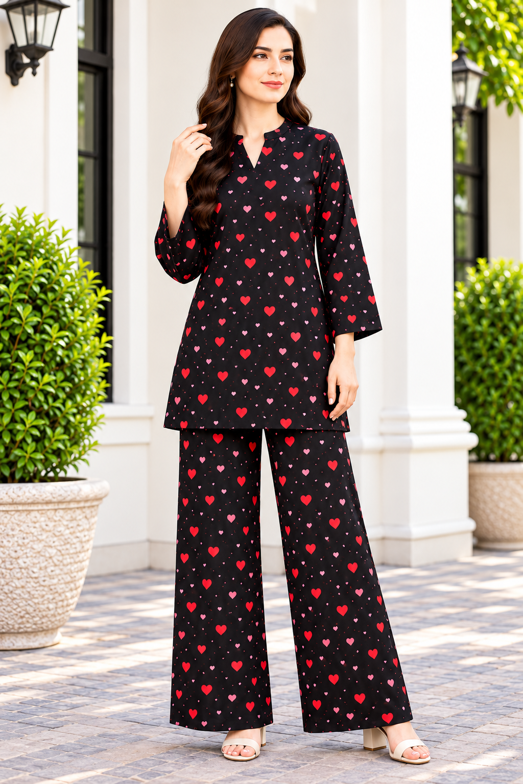 Black Heart Print Women’s 2-Piece Suit | Printed Kurta & Trouser