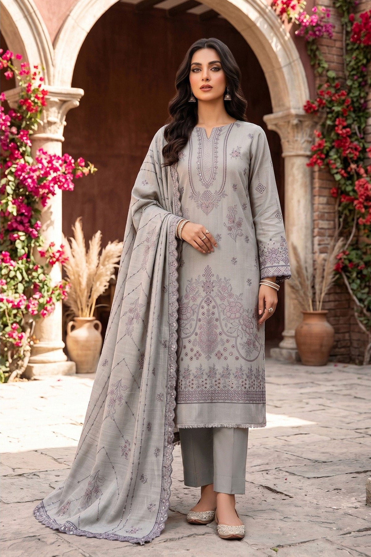 Zaina Ameer Premium Peach Slub - Design 04 (Grey)