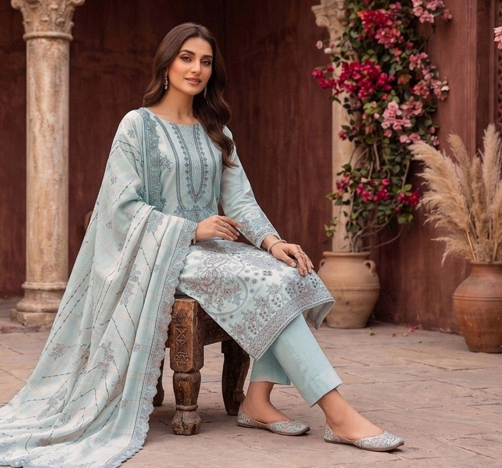 Zaina Ameer Premium Peach Slub - Design 06 (Sky Blue)