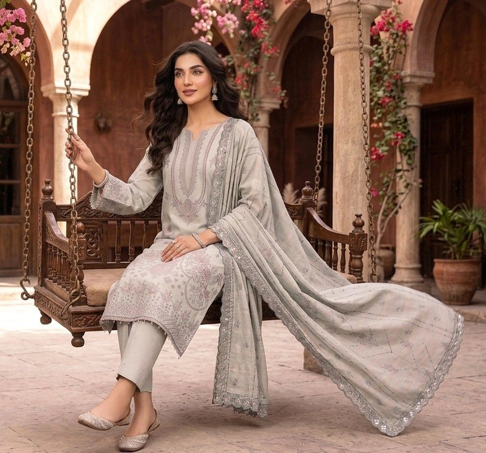 Zaina Ameer Premium Peach Slub - Design 08 (Light Grey)