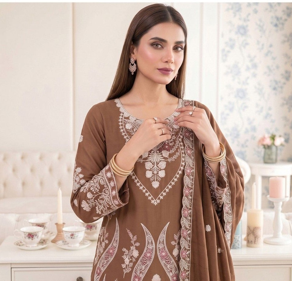 Premium Dhanak Karandi 3-Piece Embroidered Suit with Velvet Wool Shawl – Brown (Design 02)