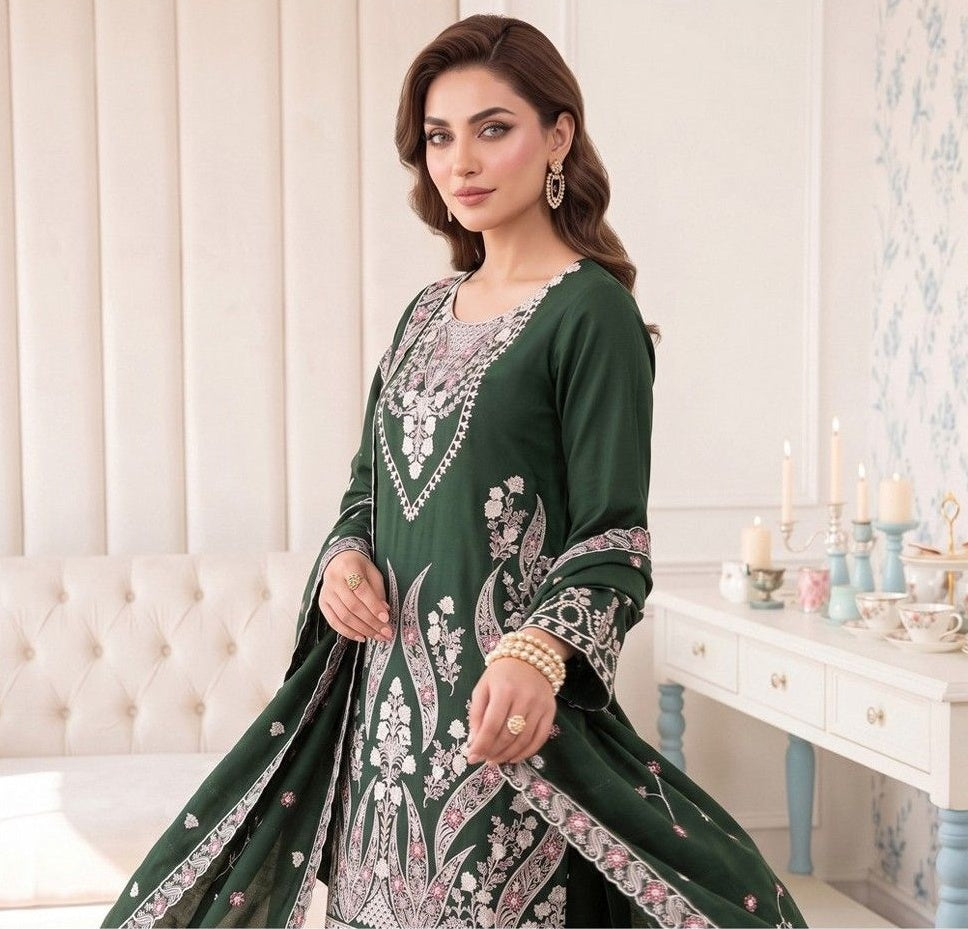 Premium Dhanak Karandi 3-Piece Embroidered Suit with Velvet Wool Shawl – Green (Design 01)