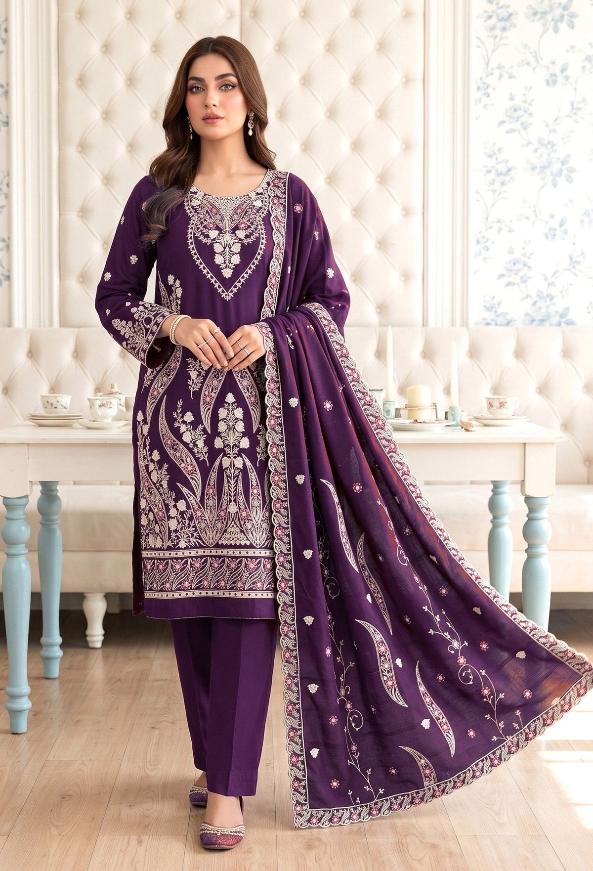 Premium Dhanak Karandi 3-Piece Embroidered Suit with Velvet Wool Shawl – Purple (Design 03)
