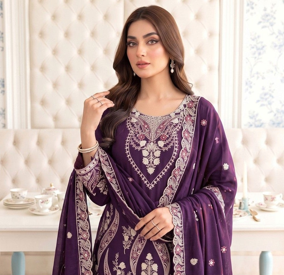 Premium Dhanak Karandi 3-Piece Embroidered Suit with Velvet Wool Shawl – Purple (Design 03)