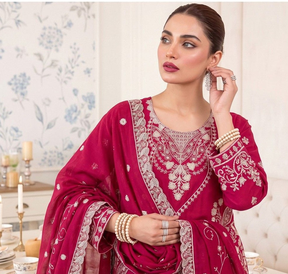 Premium Dhanak Karandi 3-Piece Embroidered Suit with Velvet Wool Shawl – Pink (Design 05)