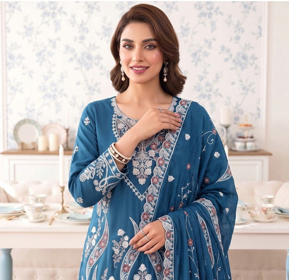 Premium Dhanak Karandi 3-Piece Embroidered Suit with Velvet Wool Shawl – Blue (Design 06)